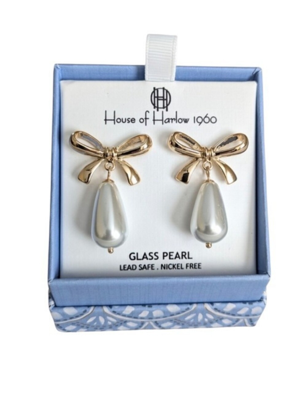 House of Harlow Gold Tone Bow & Glass Pearl Drop Earrings Bride Formal Gala